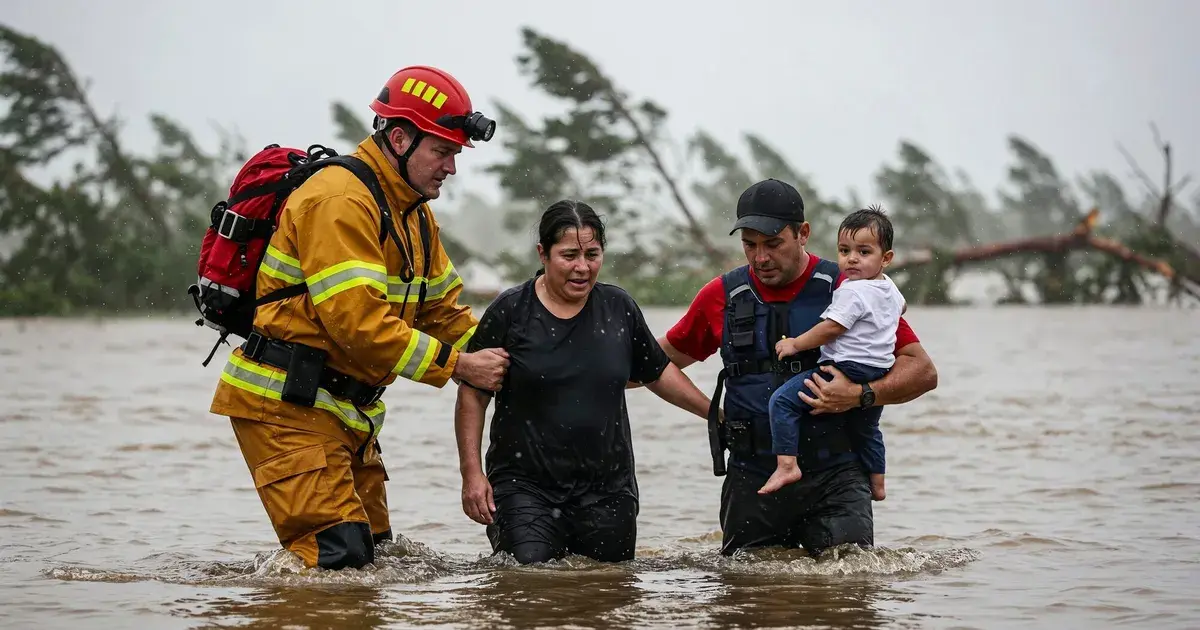 Firefighter rescuing a family during a flood, example of emergency evacuation