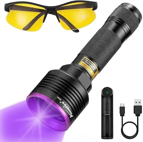 Alonefire SV41 UV Flashlight 10W 395nm Professional Powerful USB Rechargeable Ultraviolet Black Light, Urine Detector for Resin, Fishing, Scorpions and Minerals, with UV Protective Glasses, Battery and Charger