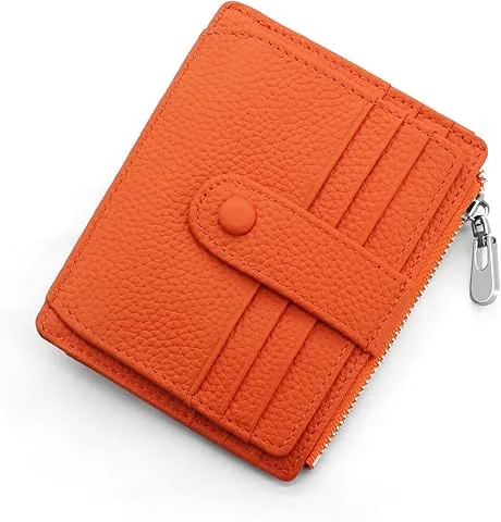 RFID Minimalist Wallet for Women and Men, Genuine Leather Credit Card Holder, Small Women's Wallet with Zip Coin Pocket, Mini Wallet with 14 Card Slots (Orange)