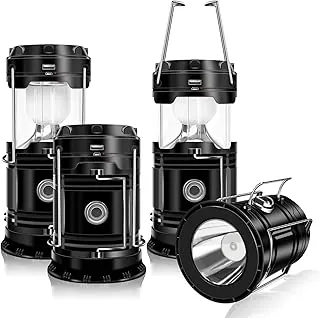 Four collapsible solar and USB rechargeable camping lanterns
