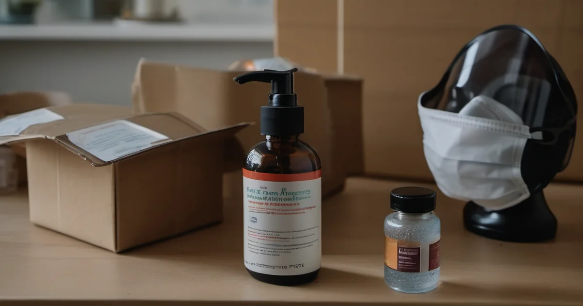 Person with mask and hand sanitiser at home during pandemic